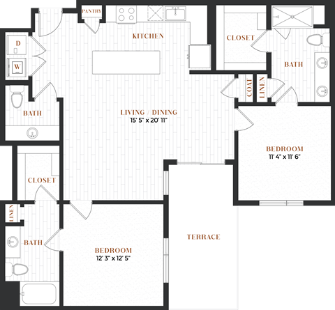 Floor plan for 2 beds, 2 baths, 1139 sqft